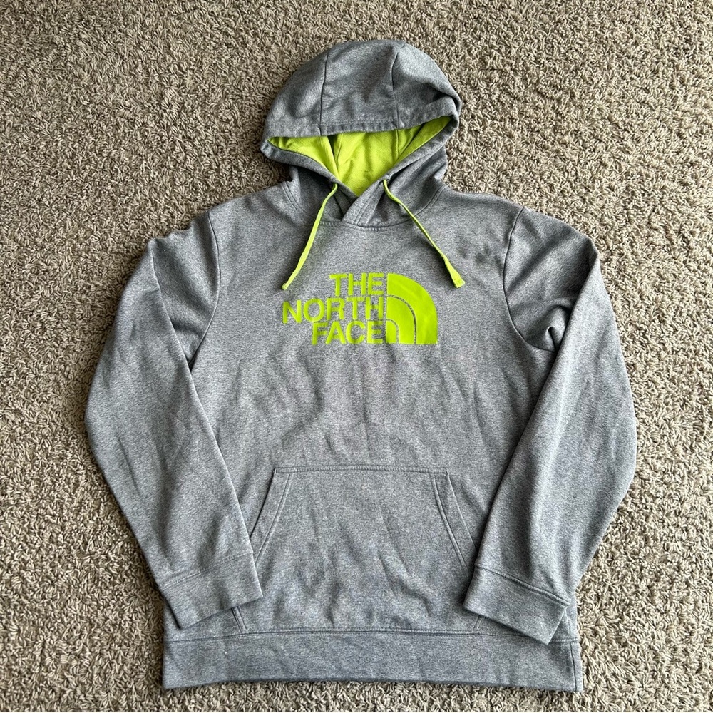 The North Face Men's Large Hoodie Gray Jacket Neon Green Logo Sweater Outdoors